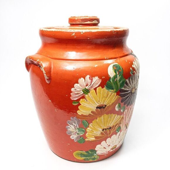 Antique Ransburg Red Asters Hand Painted Stoneware Lidded Cookie Jar/Crock - Picture 9 of 11